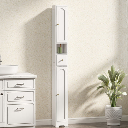 White bathroom cabinet with arched doors standing next to a sink and a plant in a stylish room