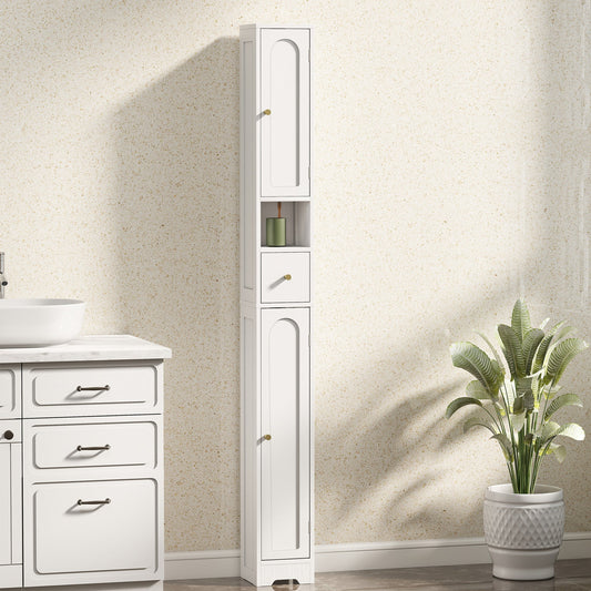 White bathroom cabinet with arched doors standing next to a sink and a plant in a stylish room