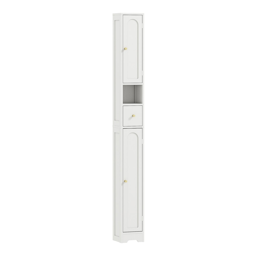 HOMCOM 185 cm Tall Bathroom Cabinet with Arched Doors in white, a slim storage unit with a drawer and two doors