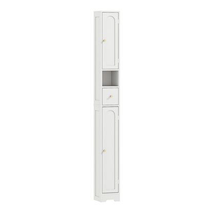 HOMCOM 185 cm Tall Bathroom Cabinet with Arched Doors in white, a slim storage unit with a drawer and two doors
