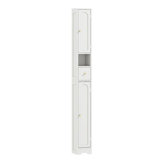 HOMCOM 185 cm Tall Bathroom Cabinet with Arched Doors in white, a slim storage unit with a drawer and two doors