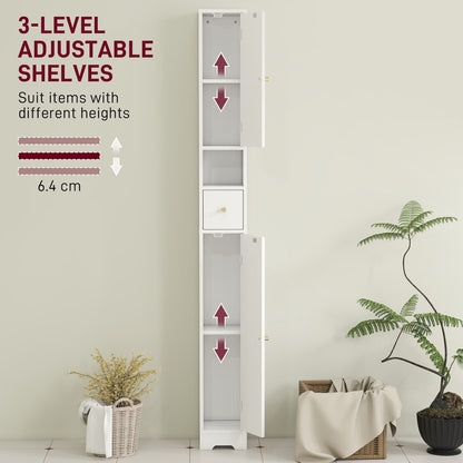 Adjustable shelves inside the white bathroom cabinet with arrows indicating height adjustment