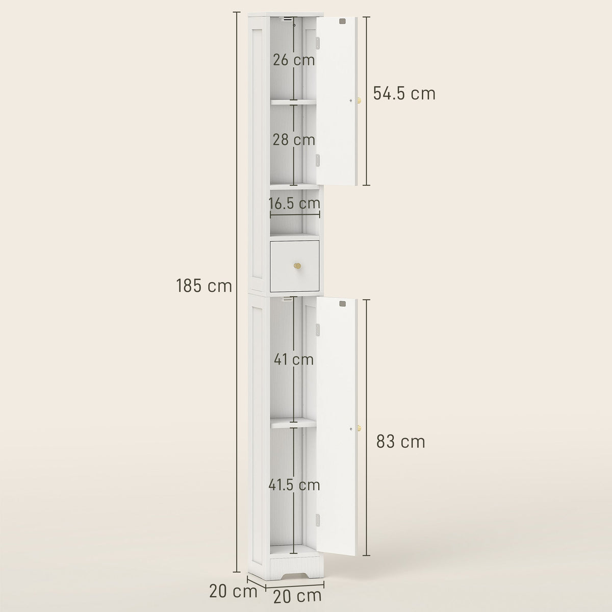 Dimensions diagram of the white bathroom cabinet showing height, width and depth measurements