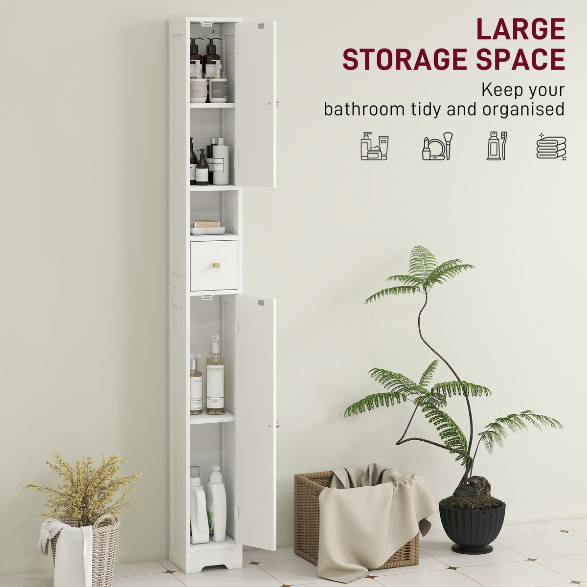 Open doors of the white bathroom cabinet showing large storage space with shelves and a drawer