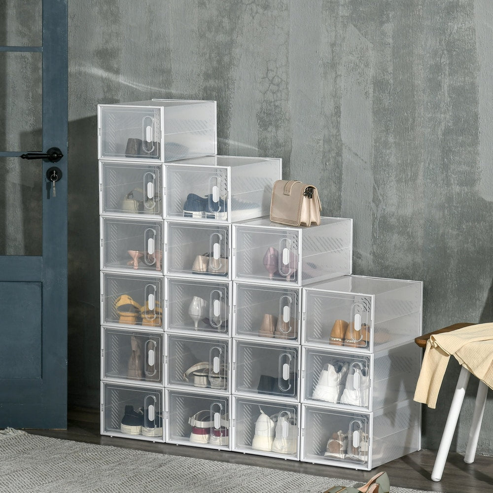 Plastic stackable shoe storage boxes filled with various women's shoes and handbags, arranged in a room