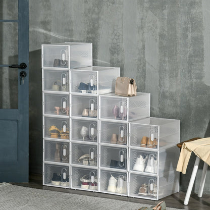 Plastic stackable shoe storage boxes filled with various women's shoes and handbags, arranged in a room
