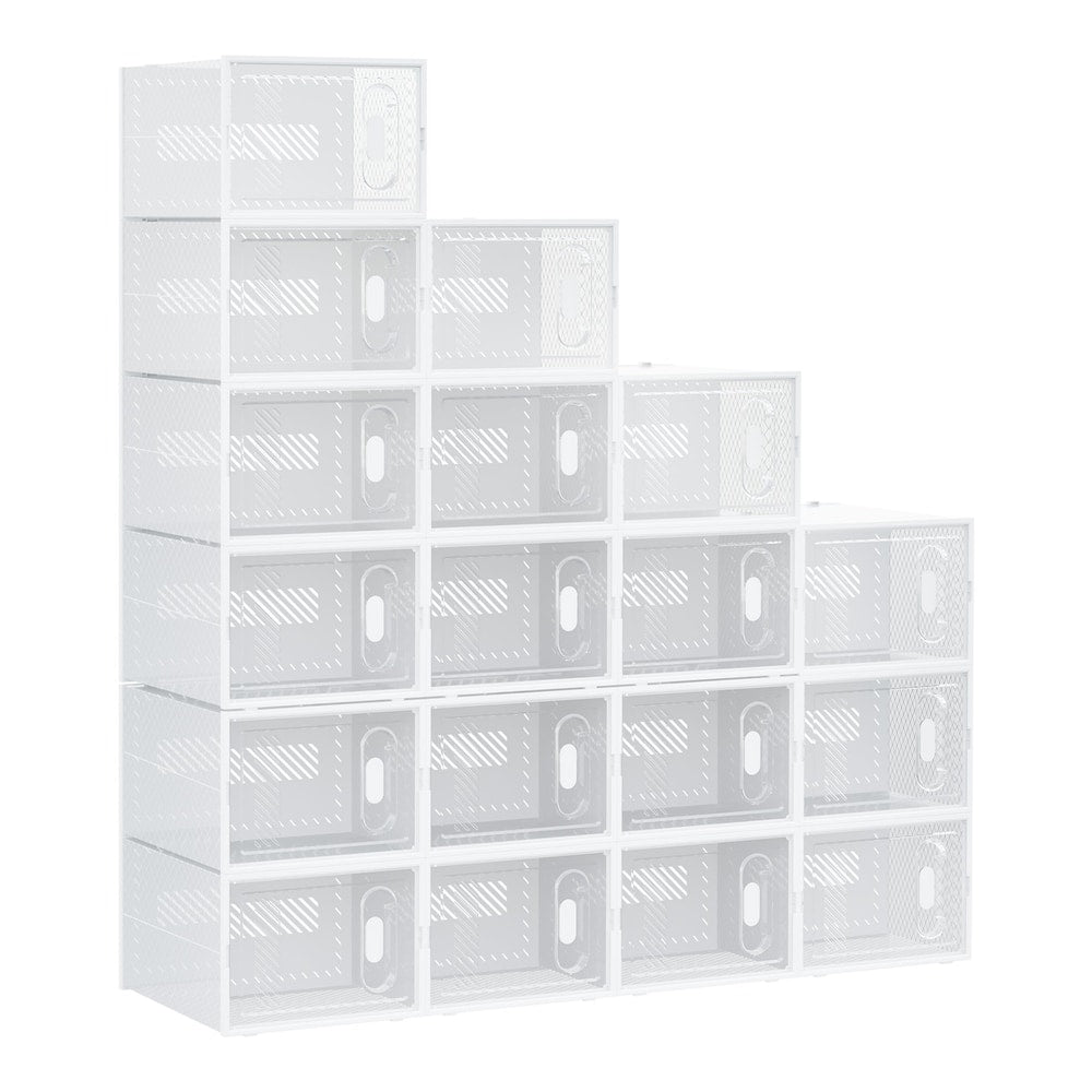 HOMCOM 18PCS Clear Shoe Box, a stack of white plastic storage boxes with clear fronts