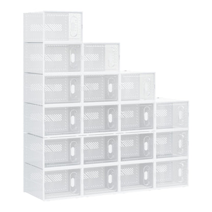 HOMCOM 18PCS Clear Shoe Box, a stack of white plastic storage boxes with clear fronts