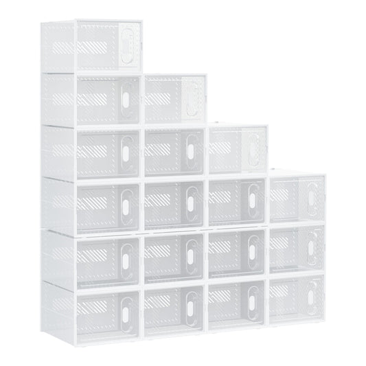 HOMCOM 18PCS Clear Shoe Box, a stack of white plastic storage boxes with clear fronts
