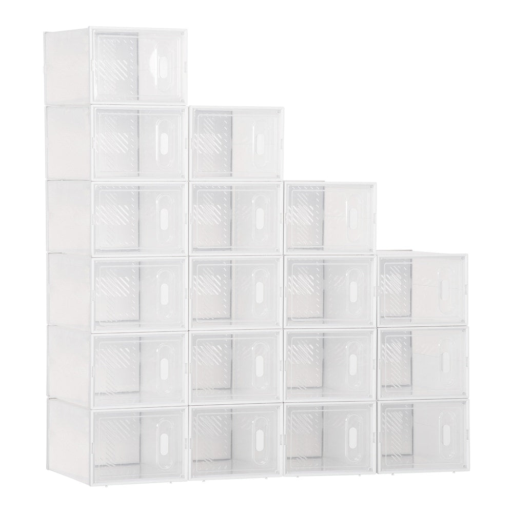 HOMCOM 18PCS Clear Shoe Box, a stack of 18 clear plastic boxes arranged in a stepped formation