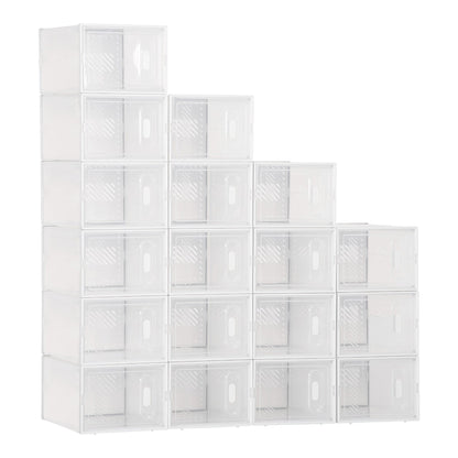 HOMCOM 18PCS Clear Shoe Box, a stack of 18 clear plastic boxes arranged in a stepped formation