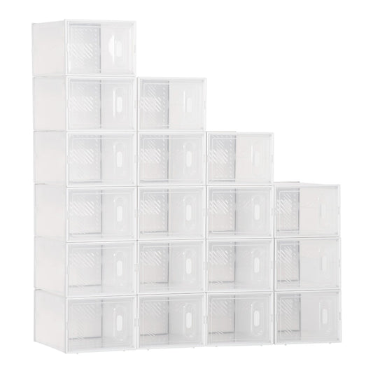 HOMCOM 18PCS Clear Shoe Box, a stack of 18 clear plastic boxes arranged in a stepped formation