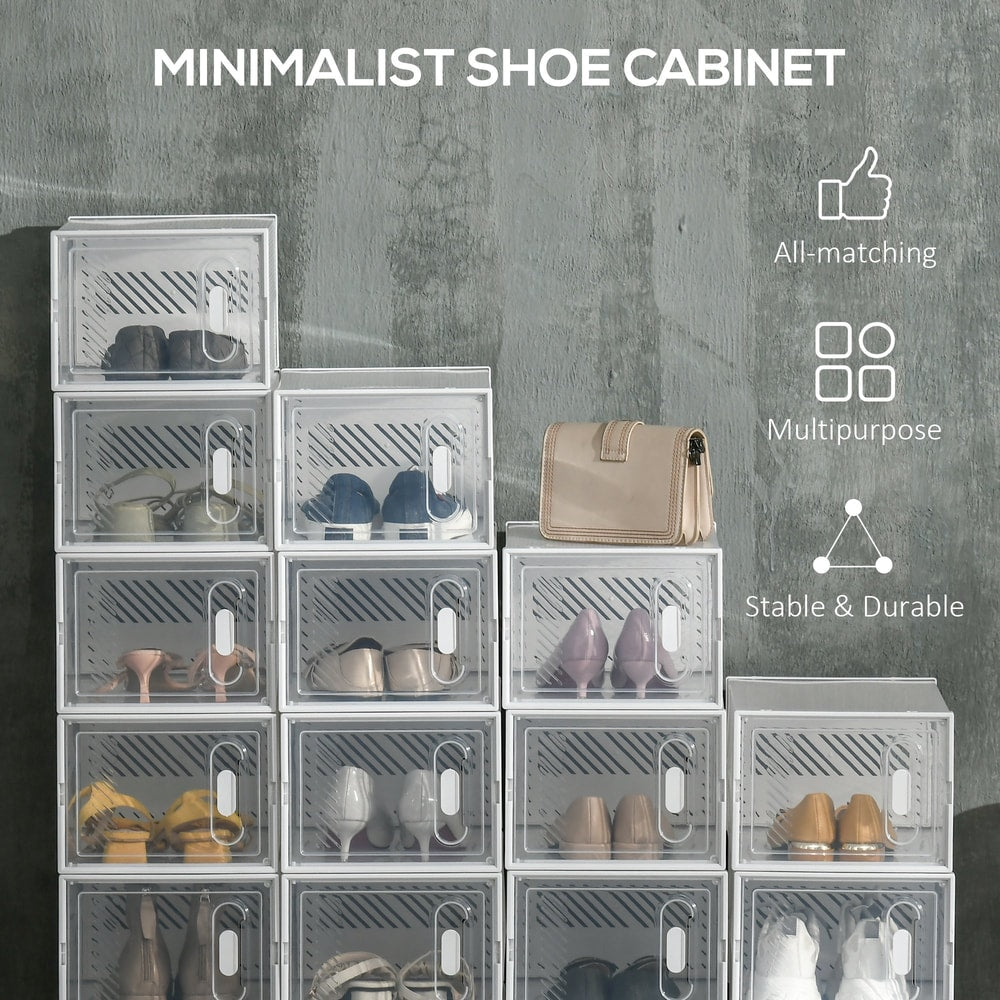 Clear plastic shoe storage boxes displaying different types of footwear inside, with text overlays