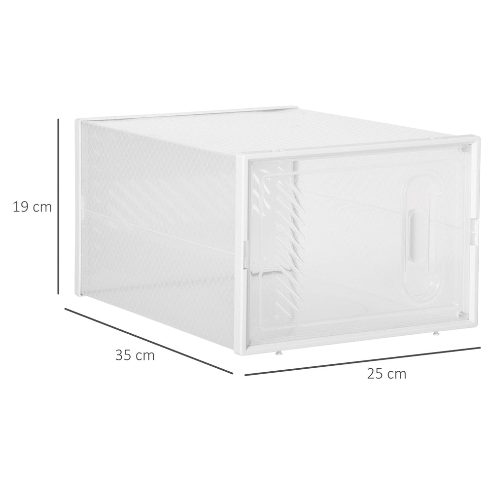 A single clear plastic shoe storage box with dimensions labelled 25 cm, 35 cm, and 19 cm
