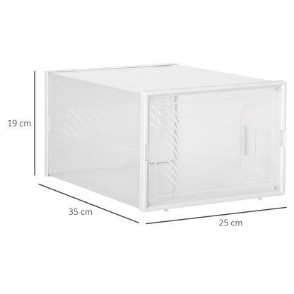 A single clear plastic shoe storage box with dimensions labelled 25 cm, 35 cm, and 19 cm