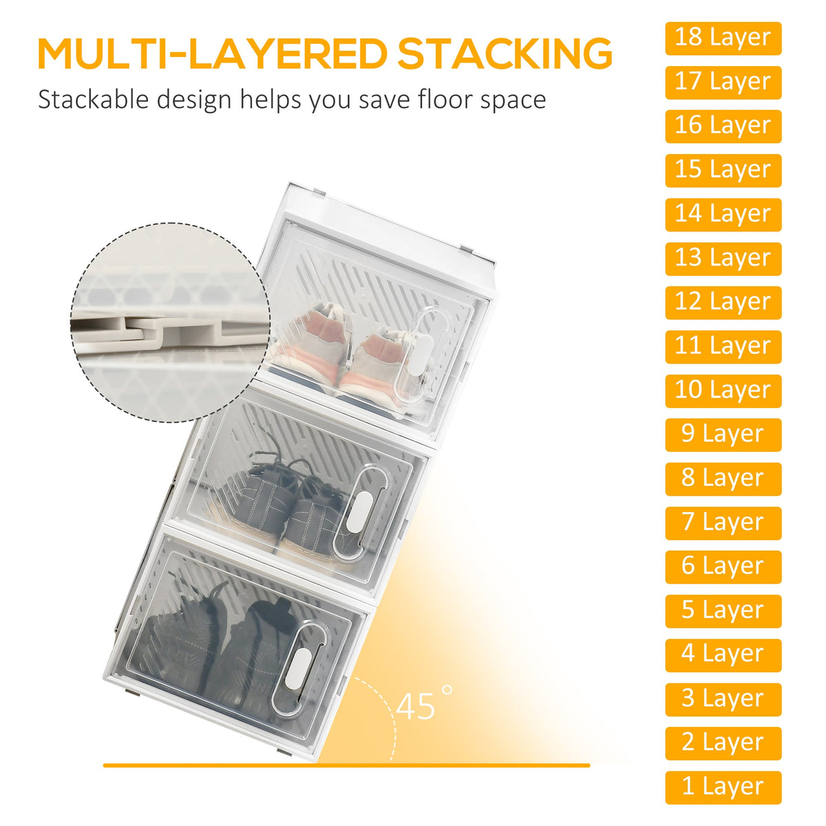 Stackable shoe storage boxes with shoes inside, showing multi-layered stacking design