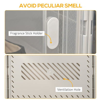 Close-up of a shoe storage box showing a fragrance stick holder and ventilation holes