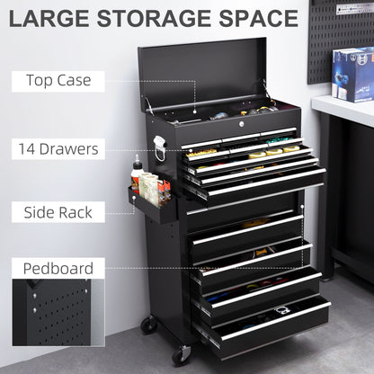 The black tool storage chest with drawers open, showing the large storage space inside