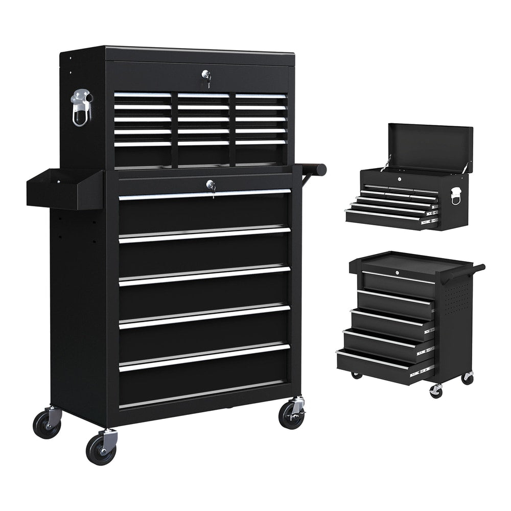 HOMCOM 14 Drawer Two-Part Tool Storage Chest on Wheels in black, showing the top and bottom sections stacked