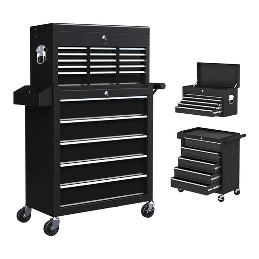 HOMCOM 14 Drawer Two-Part Tool Storage Chest on Wheels in black, showing the top and bottom sections stacked