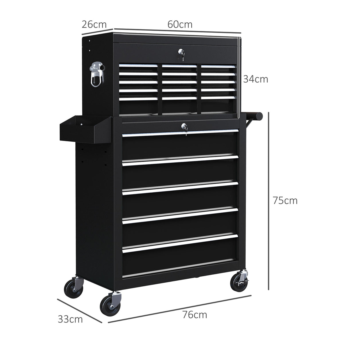 Dimensions of the black tool storage chest on wheels with measurements shown