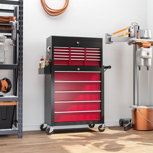 The tool chest standing in a bright workshop next to metal shelving and industrial equipment