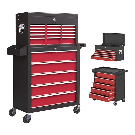 HOMCOM 14 Drawer Two-Part Tool Storage Chest on Wheels shown as a combined unit and separated parts