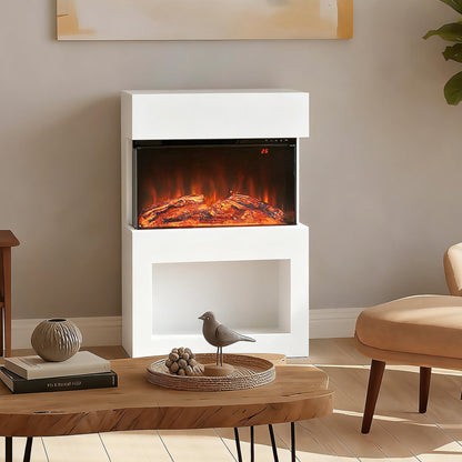 The white electric fireplace with surround in a living room setting on a wooden floor next to a chair and coffee table