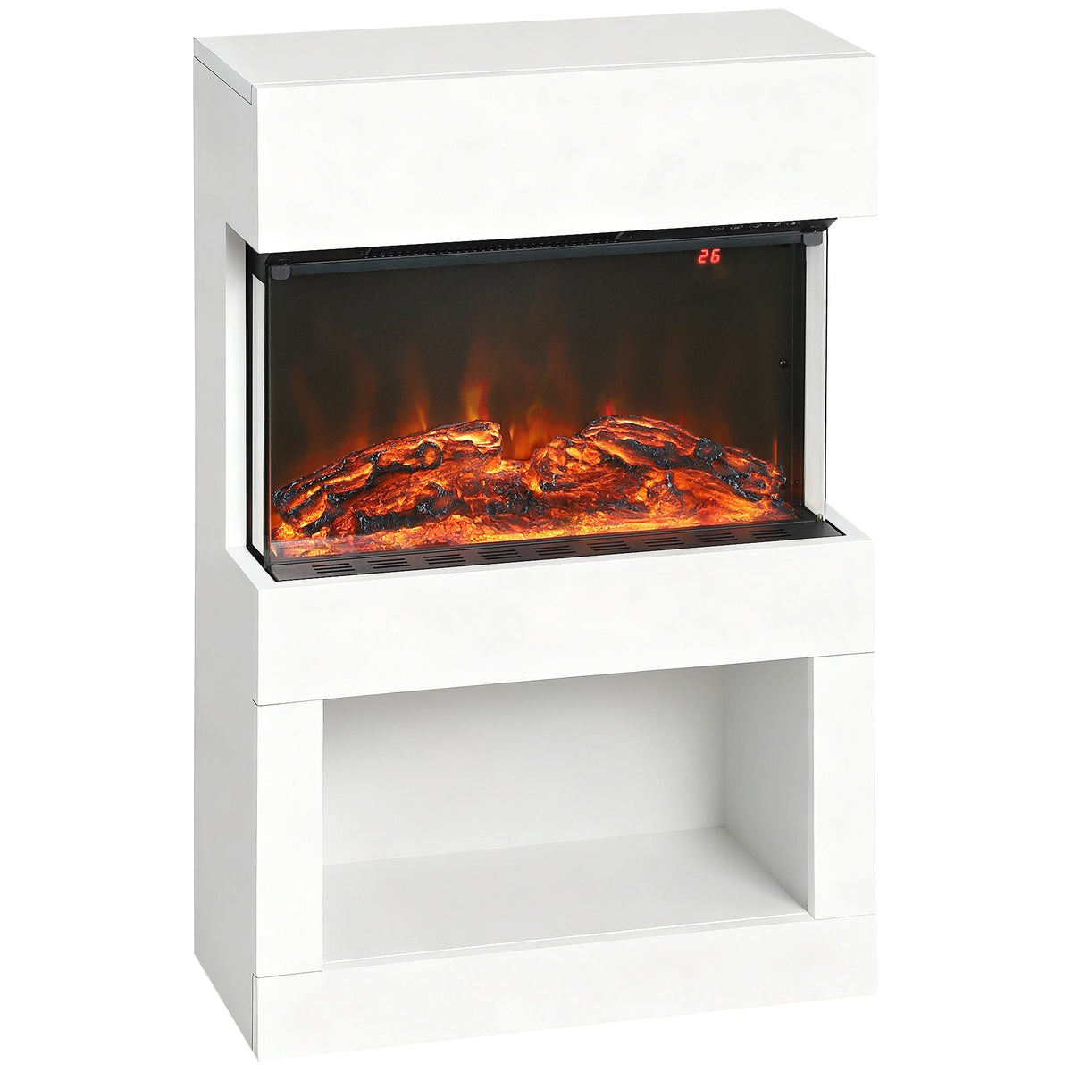 HOMCOM 19" Electric Fireplace with Surround, a white unit with a realistic flame effect and a shelf below