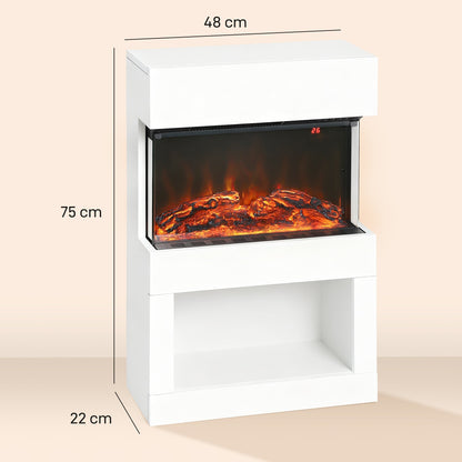 The white electric fireplace with surround showing its dimensions with labels for height, width and depth