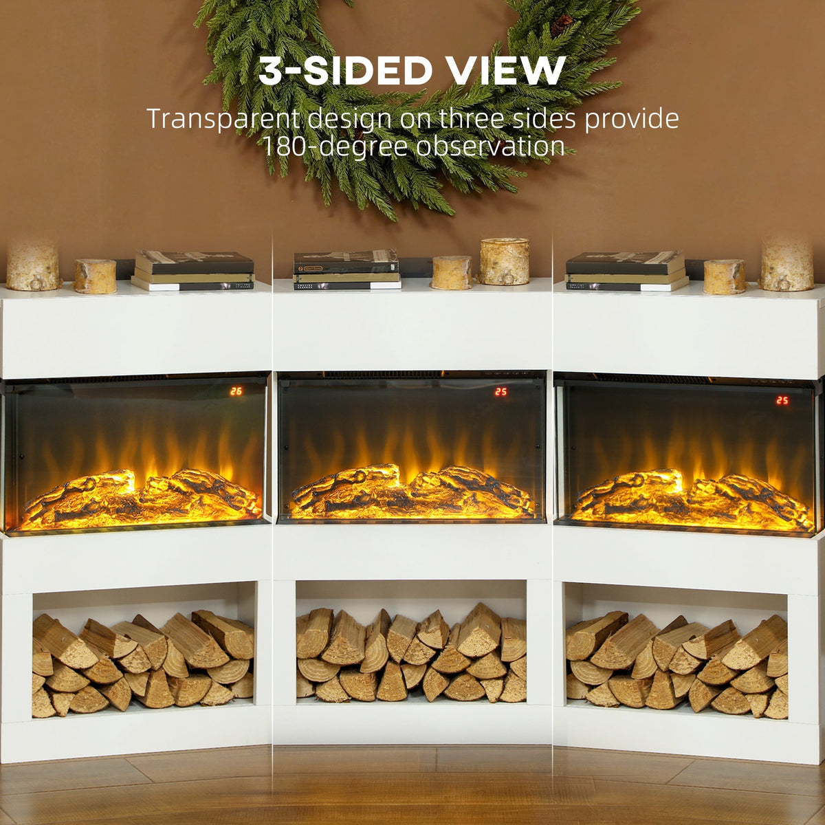 The electric fireplace with surround showing its 3-sided view with realistic flame effects