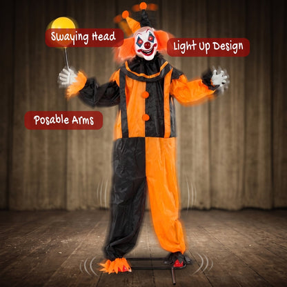 Animated clown decoration with text indicating a light up design and posable arms
