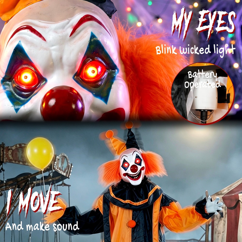 Close up of the animated clown decoration's glowing eyes and mouth with text about movement and sound