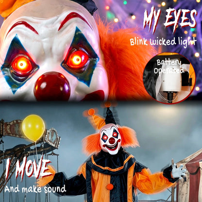 Close up of the animated clown decoration's glowing eyes and mouth with text about movement and sound