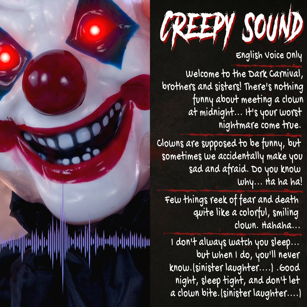 Close up of the animated clown decoration's face with text about its creepy sound effects