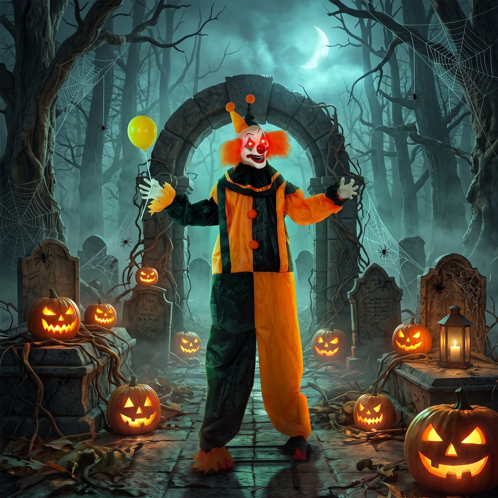Animated clown decoration in a graveyard setting with pumpkins and cobwebs
