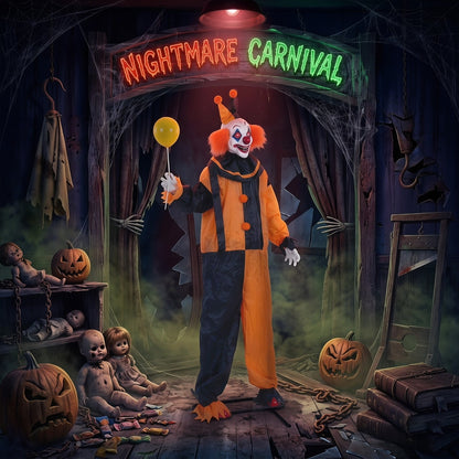 Scary animated clown decoration in a spooky Halloween carnival setting with pumpkins and dolls