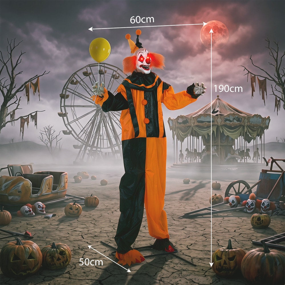 Life size animated clown decoration with size indicators for height and width