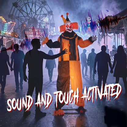 Animated clown decoration in a crowd with text overlay about sound and touch activation