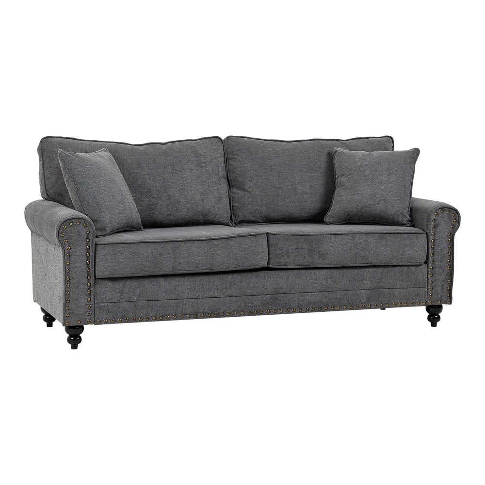 HOMCOM 196cm 3 Seater Sofa, a grey fabric couch with rolled arms and nailhead trim