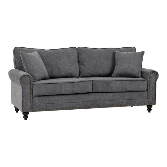 HOMCOM 196cm 3 Seater Sofa, a grey fabric couch with rolled arms and nailhead trim