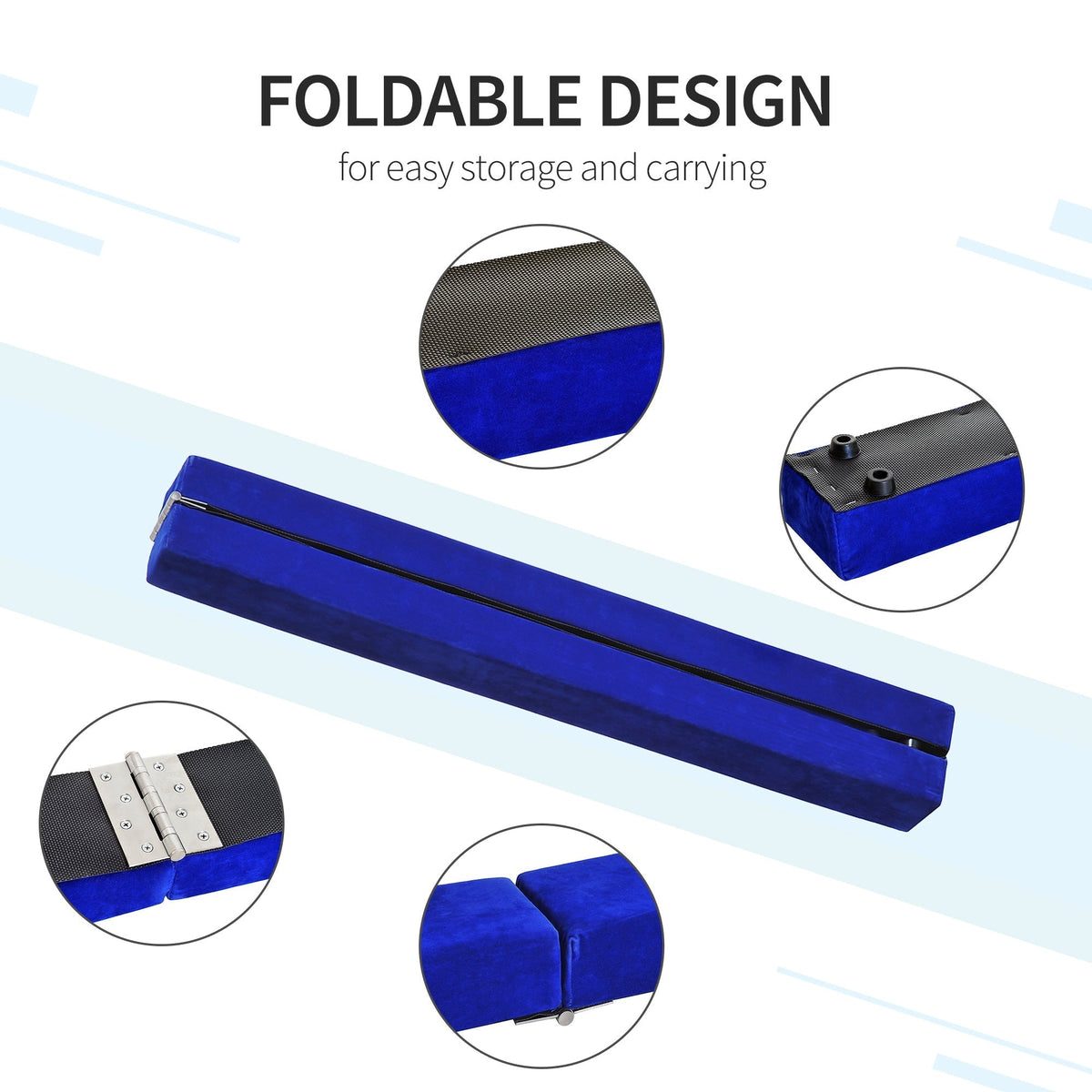Foldable blue balance beam shown in folded position