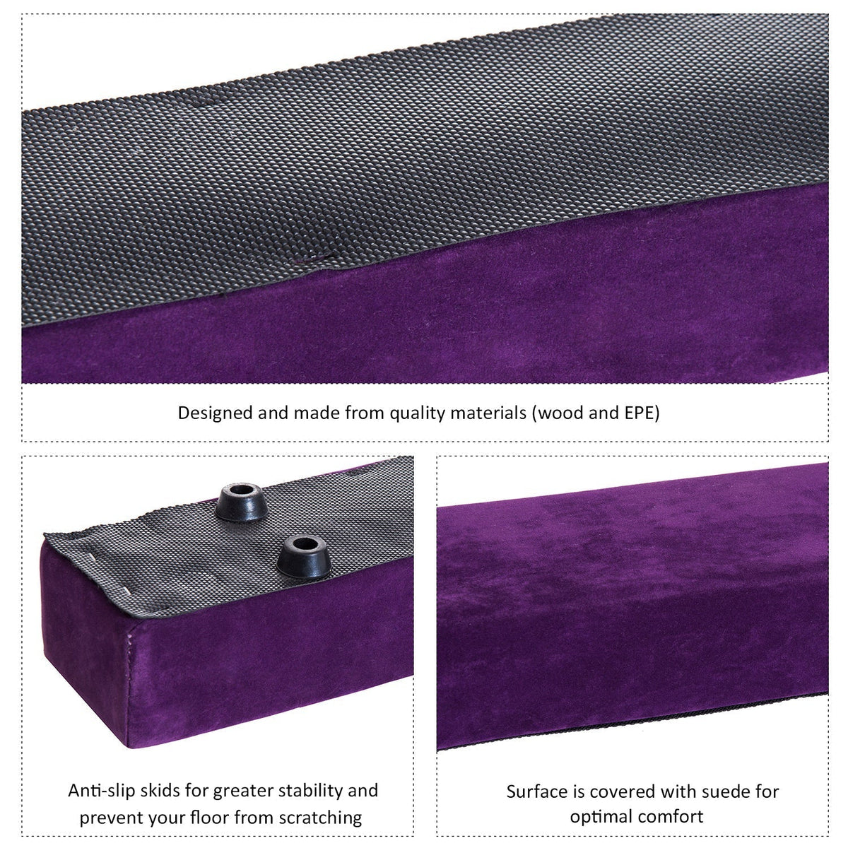 Close up of the purple balance beam showing its textured surface and non-slip feet