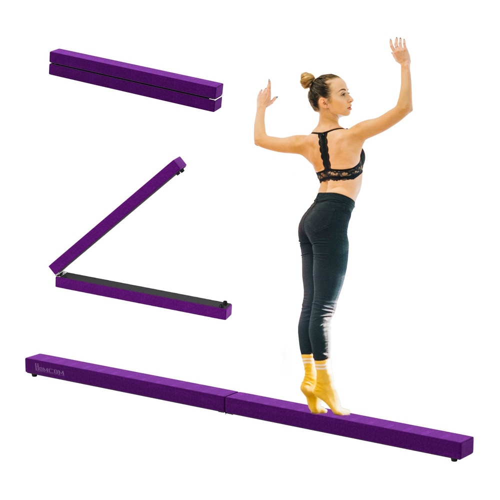 HOMCOM 2.4M 8FT Gymnastics Folding Balance Beam in purple, shown folded and unfolded