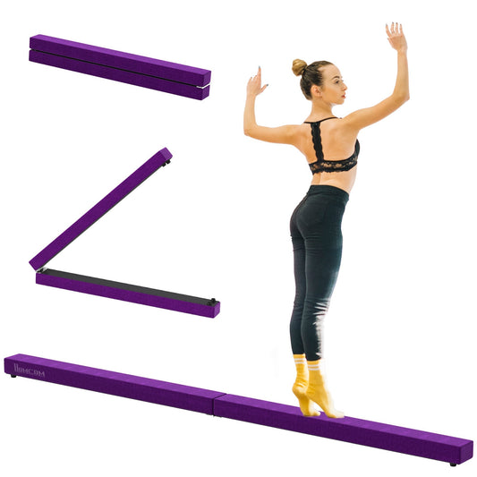 HOMCOM 2.4M 8FT Gymnastics Folding Balance Beam in purple, shown folded and unfolded