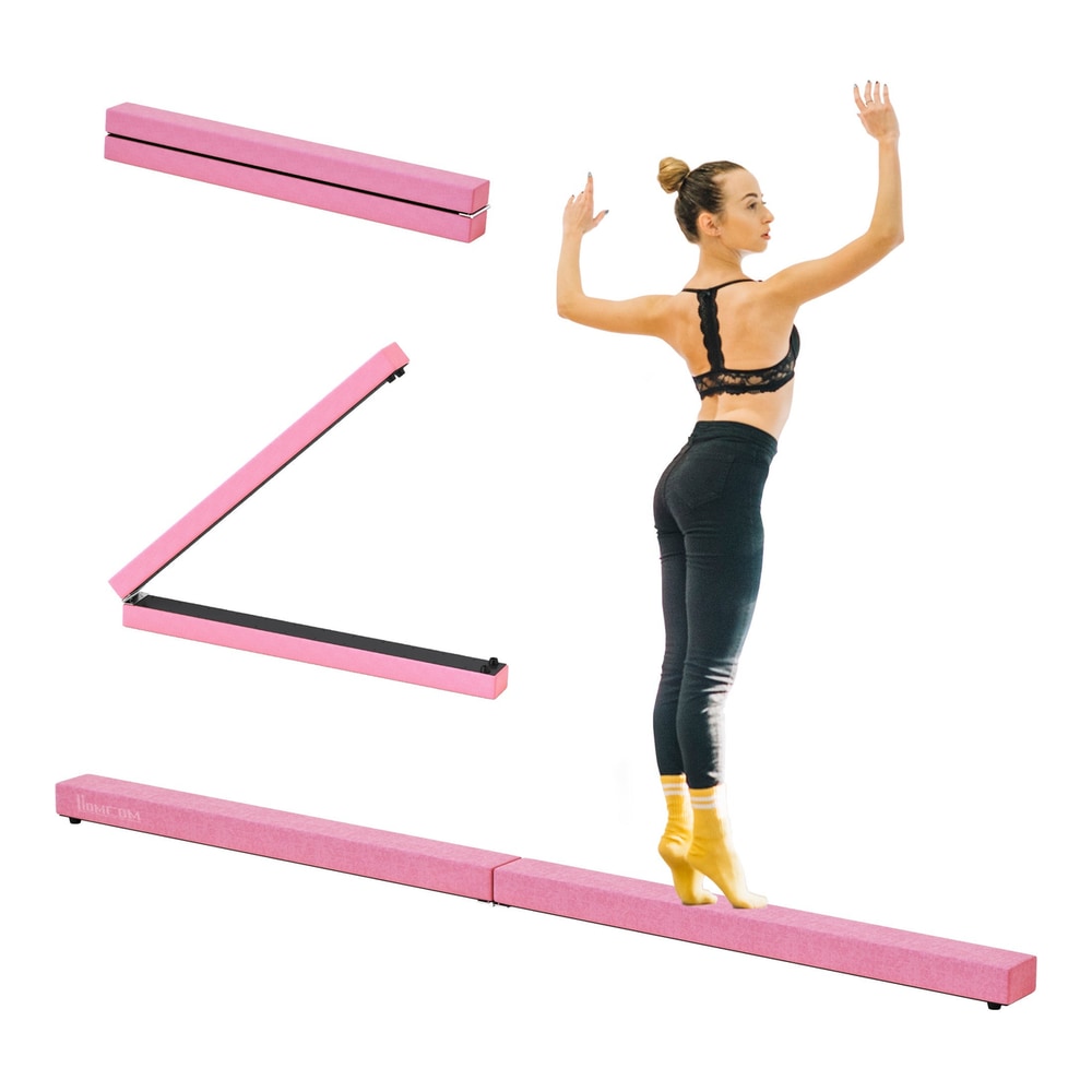 HOMCOM 2.4M 8FT Gymnastics Folding Balance Beam in pink, shown unfolded and folded