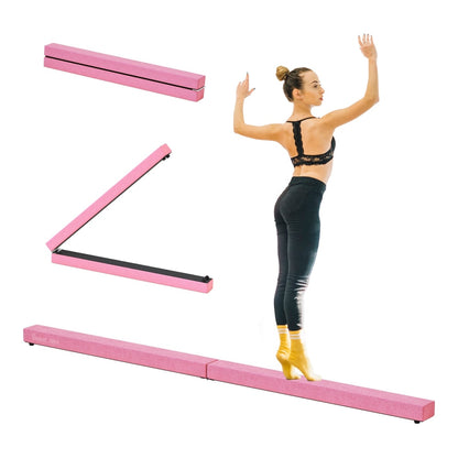 HOMCOM 2.4M 8FT Gymnastics Folding Balance Beam in pink, shown unfolded and folded