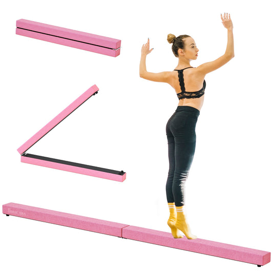 HOMCOM 2.4M 8FT Gymnastics Folding Balance Beam in pink, shown unfolded and folded