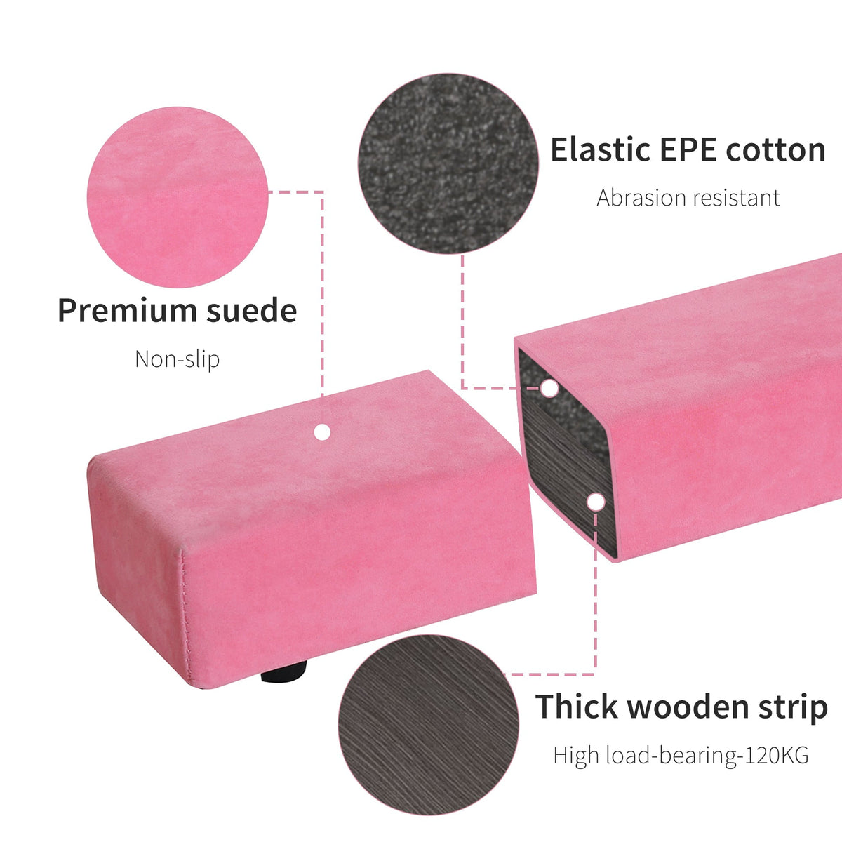 Close-up of the pink balance beam showing its suede texture and wooden core