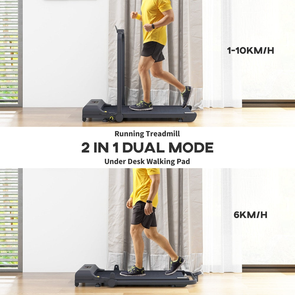 Running treadmill in two modes, walking and running speeds shown